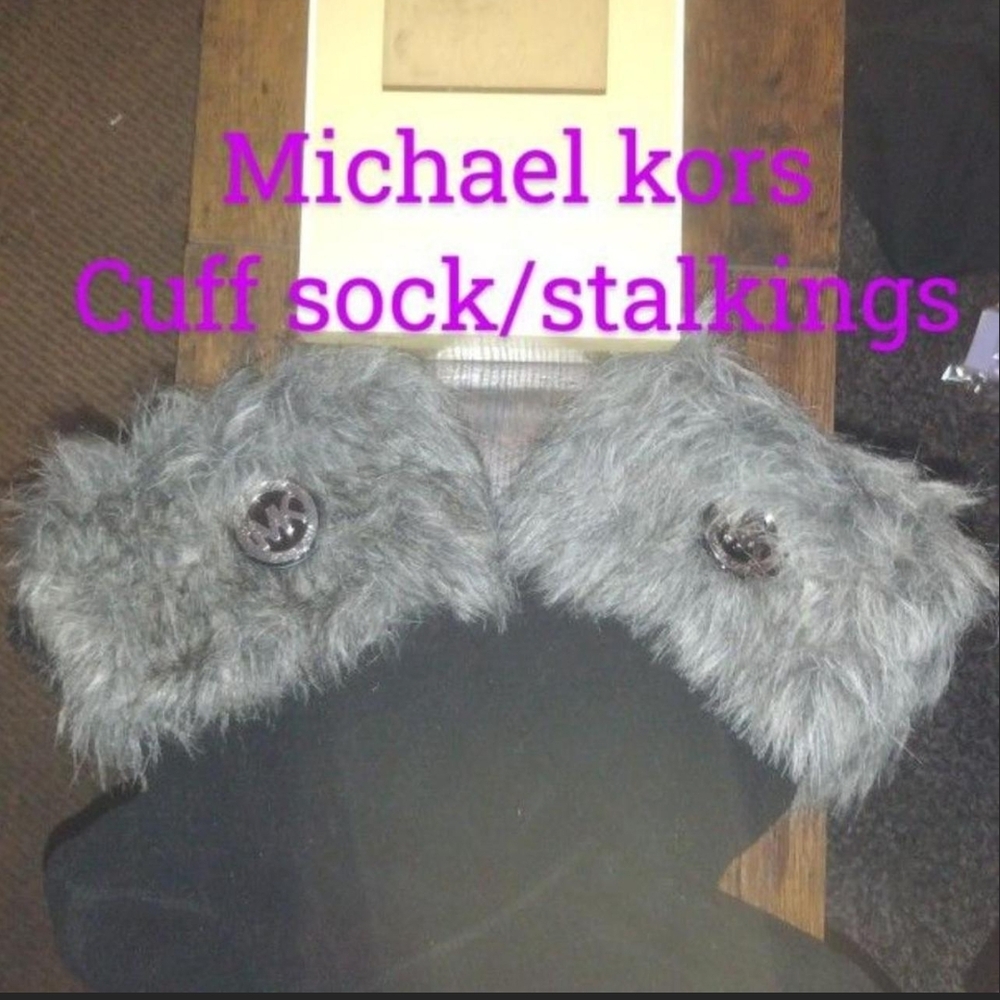 Michael Kors Black Knit Cuff Socks with Gray Faux Fur Trim